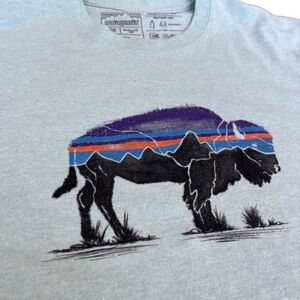(SOLD) Patagonia Men's bison T shirt light blue turquoise medium